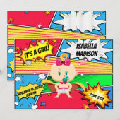 Comic Book Superhero Girl Geboorteaankondiging Aankondiging (Voorkant / Achterkant)