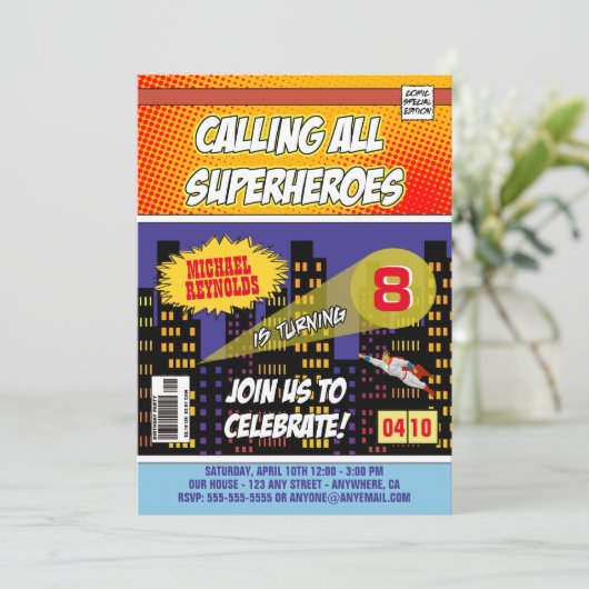 Comic Book Superhero Invitations d'anniversaire (Debout devant)