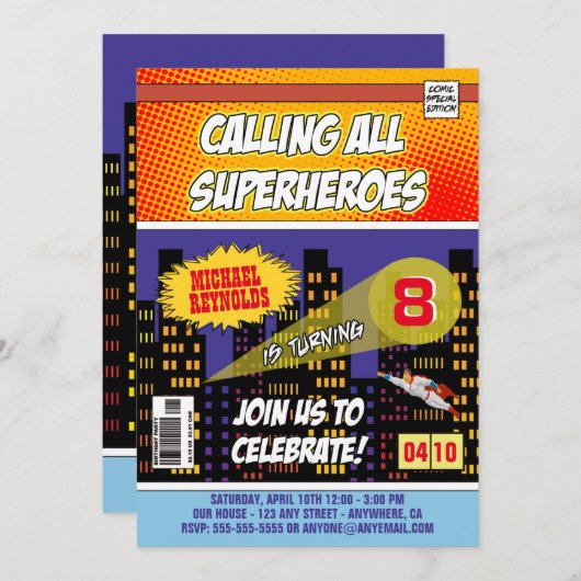 Comic Book Superhero Invitations d'anniversaire (Devant / Derrière)