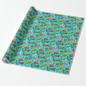 Comic Book Theme Blauwgroen Wrapping Paper Cadeaupapier (Uitgerold)