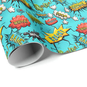 Comic Book Theme Blauwgroen Wrapping Paper Cadeaupapier