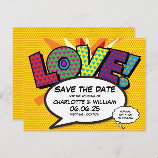 Comic Book Theme Weddenschap Save the Date Aankondigingskaart (Voorkant / Achterkant)