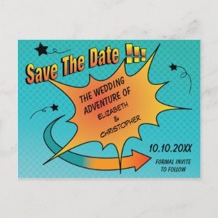 Comic Book Wedding Sla de datum op Aankondigingskaart