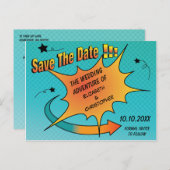 Comic Book Wedding Sla de datum op Aankondigingskaart (Voorkant / Achterkant)