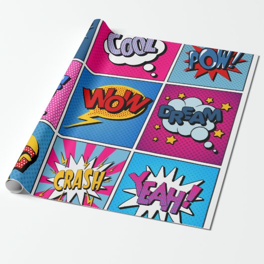 Comic Bubbles set. Expressies Bom, Cool, Pow, Oop Cadeaupapier (Uitgerold)