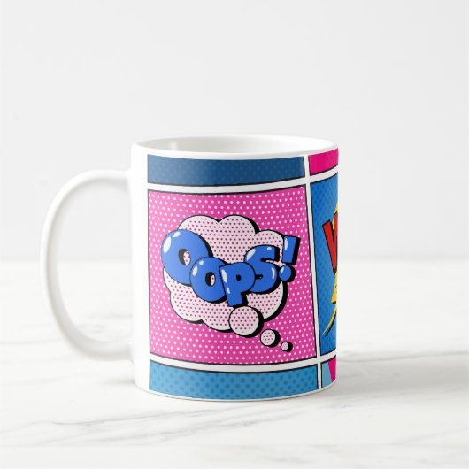 Comic Bubbles set. Expressies Bom, Cool, Pow, Oop Koffiemok (Links)