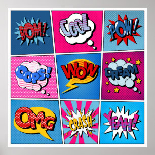 Comic Bubbles set. Expressies Bom, Cool, Pow, Oop Poster