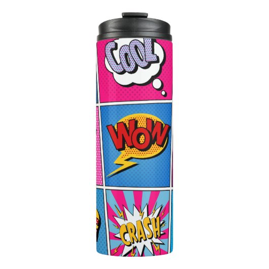 Comic Bubbles set. Expressies Bom, Cool, Pow, Oop Thermosbeker (Voorkant)