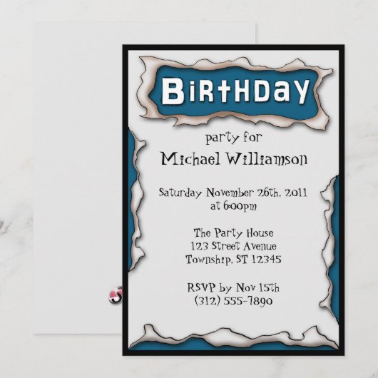 Comic gescheurd papier blauwe verjaardag uitnodigi kaart (Voorkant / Achterkant)