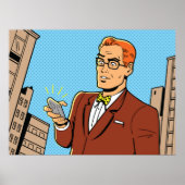 Comic Man met een mobiele telefoon Poster (Voorkant)