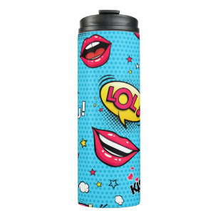 Comic speech belbles en vrouw lippen met verschill thermosbeker
