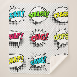 Comic speech belletjes met halftoonschaduw en teks sherpa deken