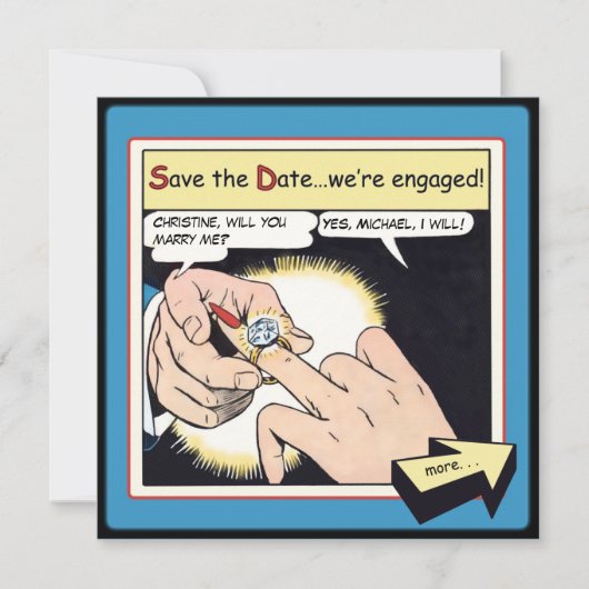 Comic Style Bling Ring Save the Date Blue (Voorkant)