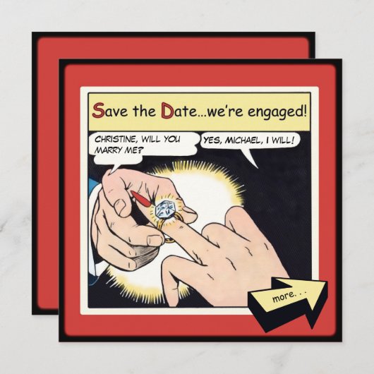 Comic Style Bling Ring Save the Date Red (Voorkant / Achterkant)