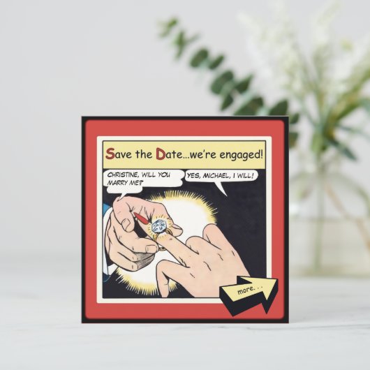 Comic Style Bling Ring Save the Date Red (Staand voorkant)