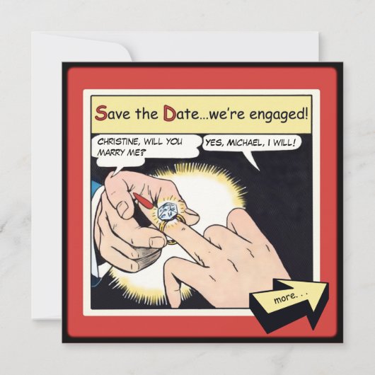 Comic Style Bling Ring Save the Date Red (Voorkant)