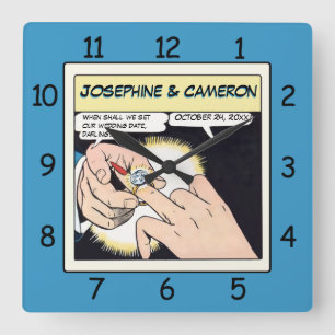 Comic Style Bling Ring Weddenschap Blue Vierkante Klok