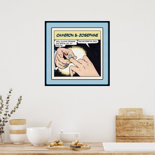 Comic Style Bling Ring Wedding Blue Stippen Poster (Keuken)