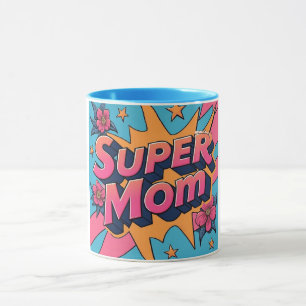 Comic Style Super Mom Flowers Stars Moederdag Mok