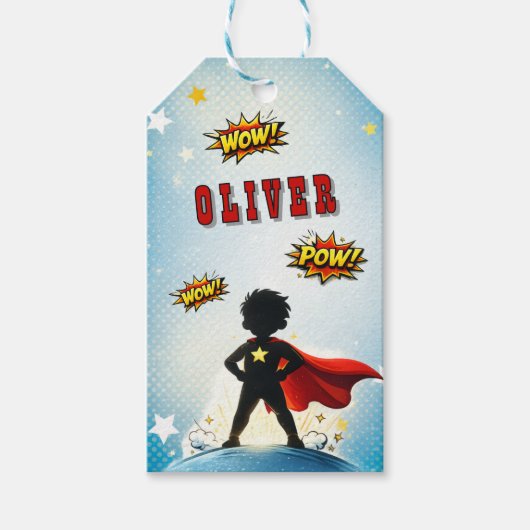 Comic Style Superhero Boy's Name Birthday Cadeaulabel (Voorkant)