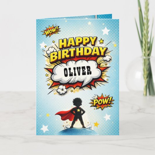 Comic Style Superhero Boy's Name Birthday Kaart (Voorkant)