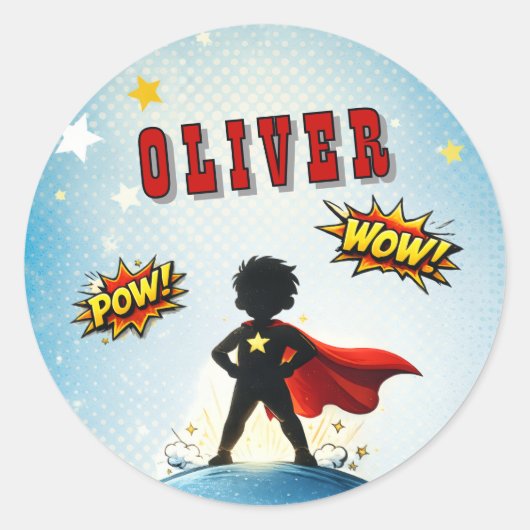 Comic Style Superhero Boy's Name Birthday Ronde Sticker (Voorkant)