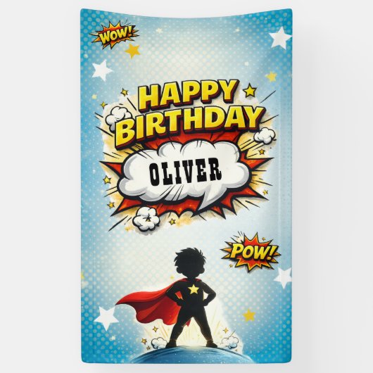 Comic Style Superhero Boy's Name Birthday Spandoek (Verticaal)