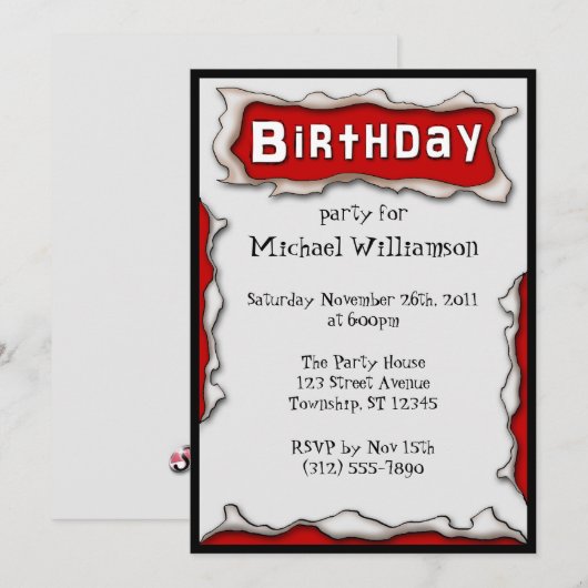 Comic Torn Papier rouge Invitations d'anniversaire (Devant / Derrière)