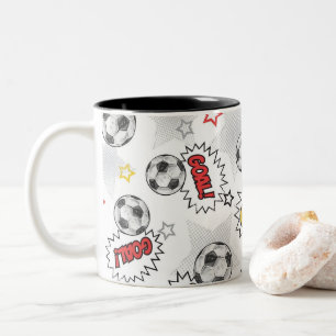 Comic Voetbal Doel Patroon – Retro Sport Tweekleurige Koffiemok