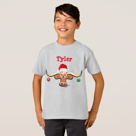 Comical Kerstmis Longhorn Steer T-shirt (Voorkant volledig)