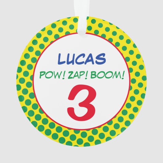 Comics Superhero Stippen Kids Verjaardag FOTO NAAM Ornament (achterkant)