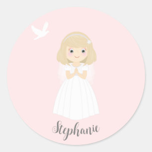 communie duif blond meisje ronde sticker