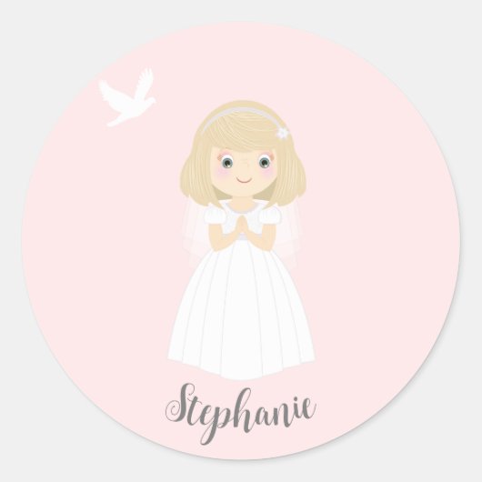 communie duif blond meisje ronde sticker (Voorkant)