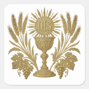 Communie IHS Chalice Tarwe Druiven Eucharistisch Vierkante Sticker