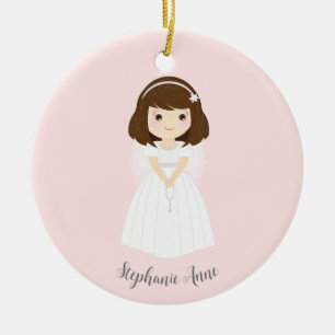 Communion Dove Brunette Girl Keramisch Ornament
