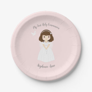 Communion Dove Brunette Girl Papieren Bordje