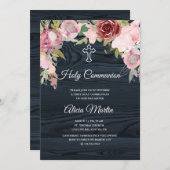 communion sainte en bois bleu rustique invitation (Devant / Derrière)