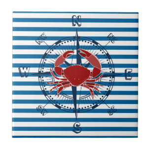 Compass and Crab Blue and White Stripe Tile Tegeltje