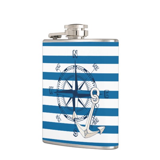 Compass en Anchor Blue en White Stripe Flask Heupfles (Links)