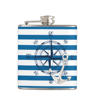 Compass en Anchor Blue en White Stripe Flask Heupfles