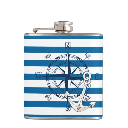 Compass en Anchor Blue en White Stripe Flask Heupfles (Voorkant)