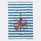 Compass en Lobster Blue en White Stripe Towel Theedoek (Verticaal)