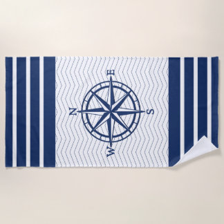 Compass on White met Blue Stripes Strandlaken