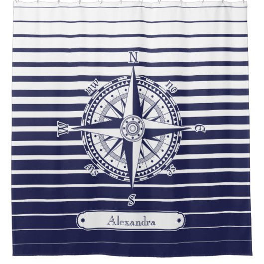 Compass Roos Blue Stripes Bathroom Douchegordijn (Voorkant)