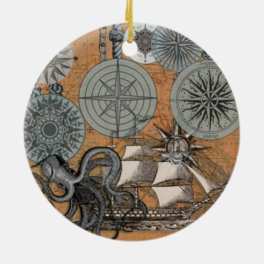 Compass Roos Nautical Octopus Keramisch Ornament (Achterkant)