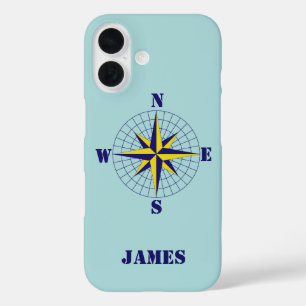 Compass Roos Navy and Gold met Name Nautical iPhone 16 Hoesje