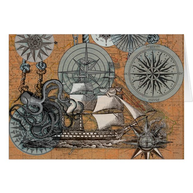 Compass Rose Vintage Nautical Octopus (Devant horizontal)