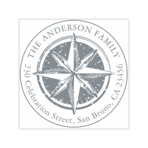  Compass Round Family Name & Return-adres Zelfinktende Stempel