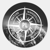 Compass star embleem monogram dramatische bergen ronde sticker (Voorkant)