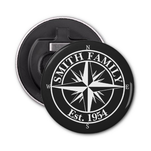 Compass star monogram, personaliseerbaar embleem button flesopener (Voorkant)